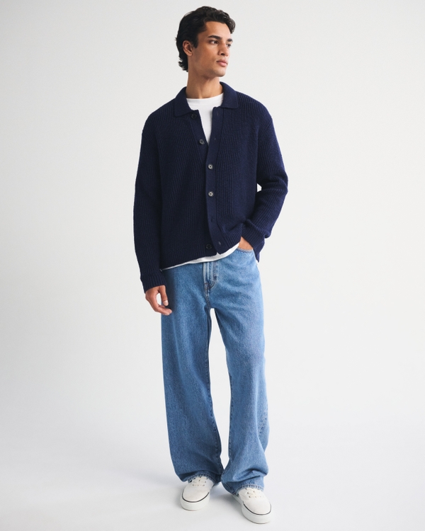 100% Cotton Rib Collared Cardigan, Muted Navy view 2