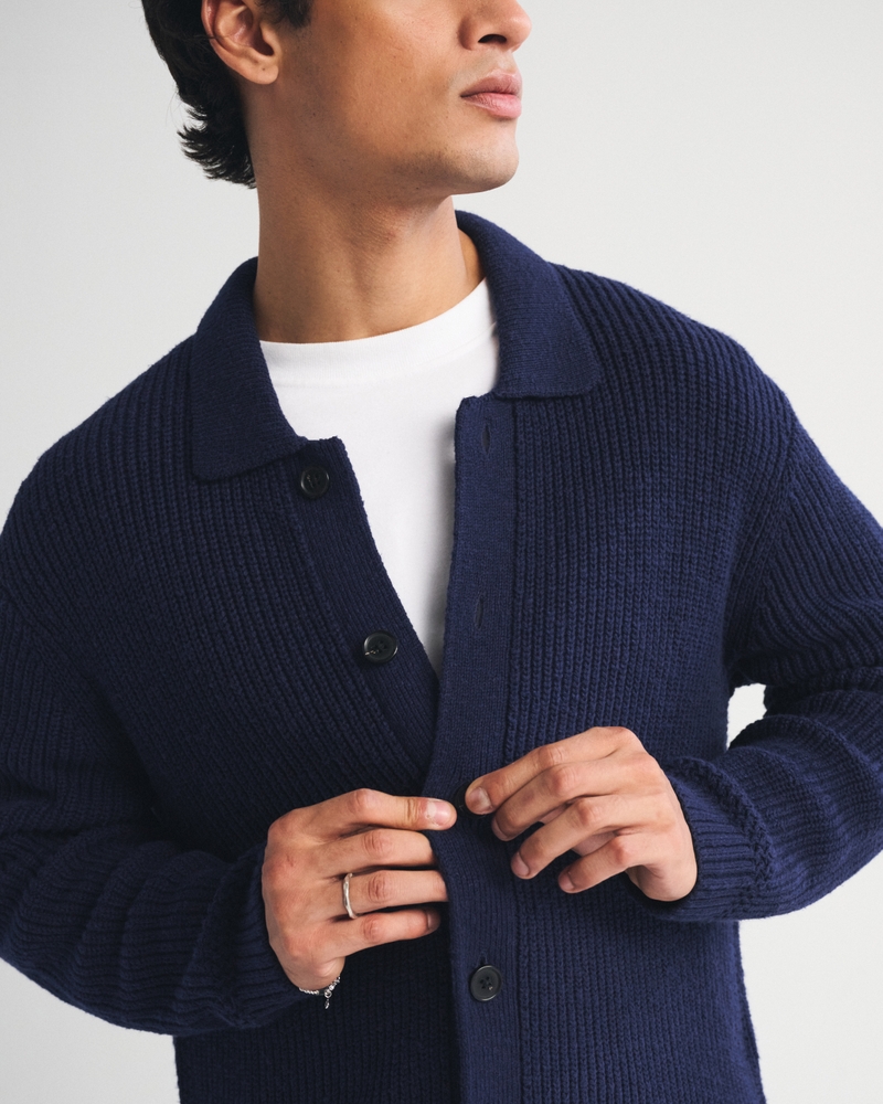 100% Cotton Rib Collared Cardigan - thumbnail 3