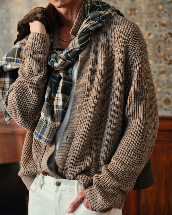 100% Cotton Collared Cardigan, Light Brown view 1
