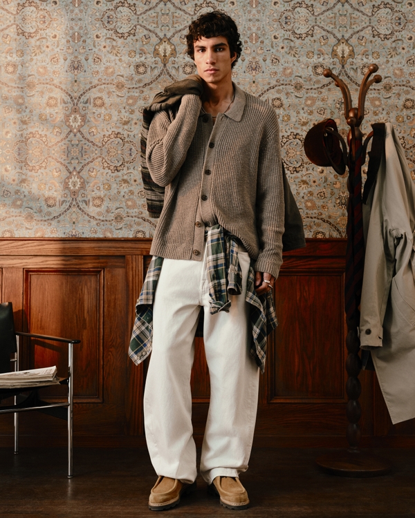 100% Cotton Collared Cardigan, Light Brown view 2