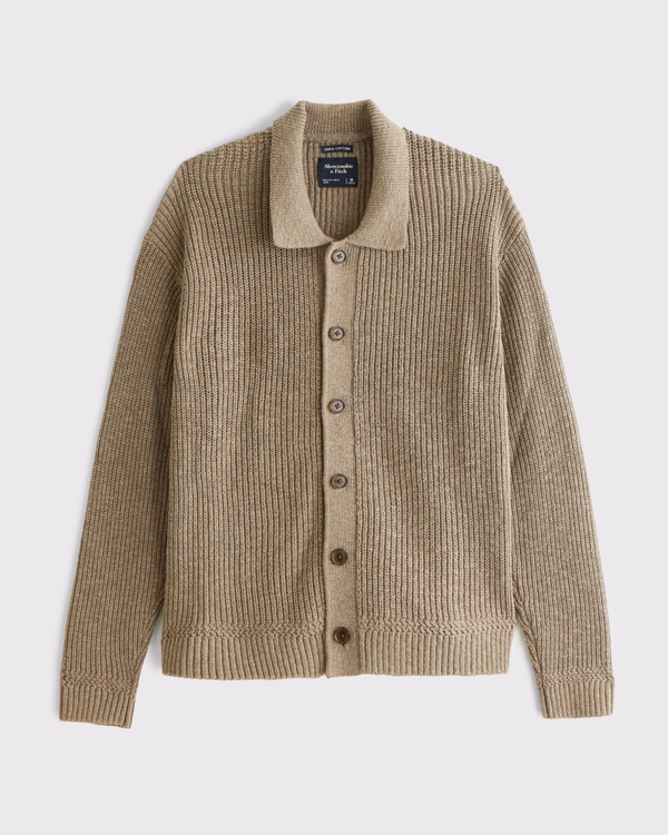 100% Cotton Collared Cardigan, Light Brown view 1