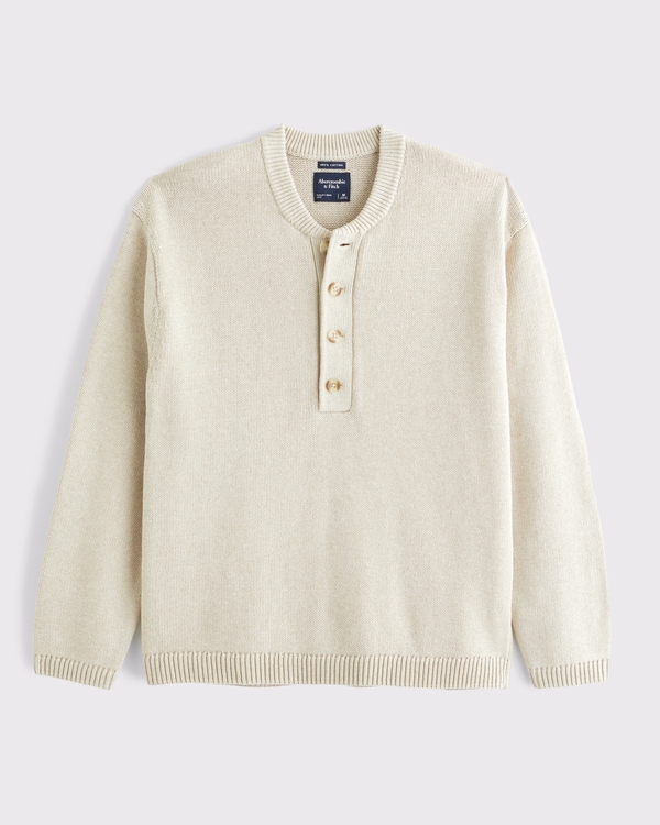 100% Cotton Sweater Henley, Beige view 1