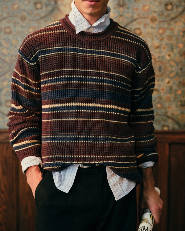 100% Cotton Waffle Roll Neck Crew Sweater, Brown Stripe view 1
