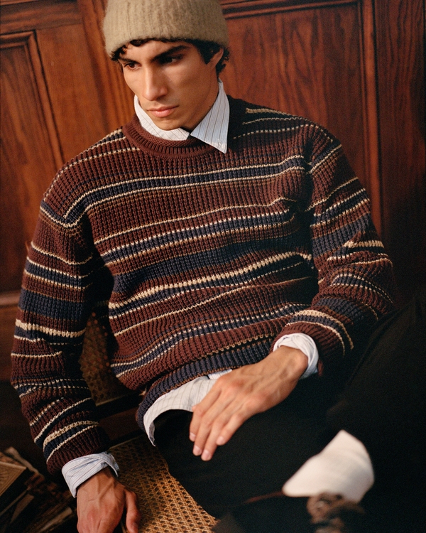 100% Cotton Waffle Roll Neck Crew Sweater, Brown Stripe view 2