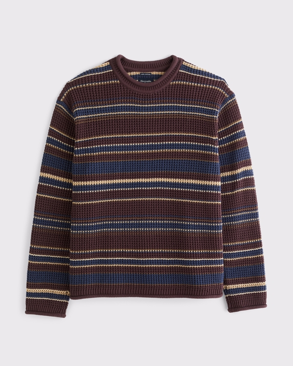 100% Cotton Waffle Roll Neck Crew Sweater, Brown Stripe view 1