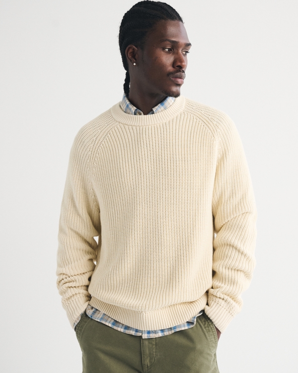 100% Cotton Crew Sweater, Warm Beige view 1