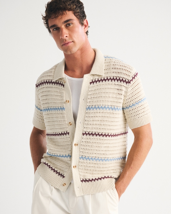 100% Cotton Crochet-Style Button-Up Shirt, Warm Beige view 1