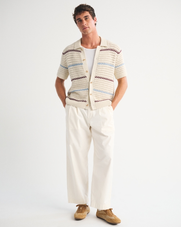 100% Cotton Crochet-Style Button-Up Shirt, Warm Beige view 2