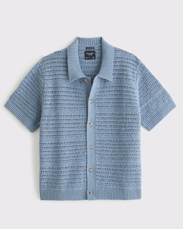 100% Cotton Crochet-Style Button-Up Shirt, Blue view 1