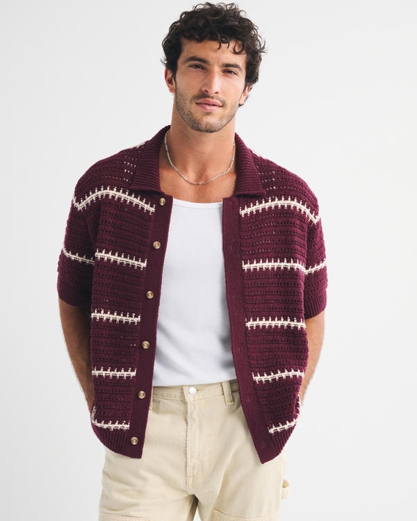 100% Cotton Crochet-Style Button-Up Shirt, Red Wine view 1
