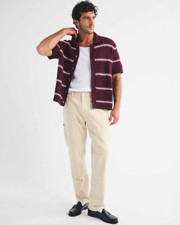 100% Cotton Crochet-Style Button-Up Shirt, Red Wine view 2