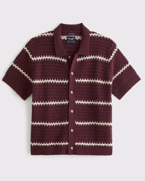 100% Cotton Crochet-Style Button-Up Shirt, Red Wine view 1