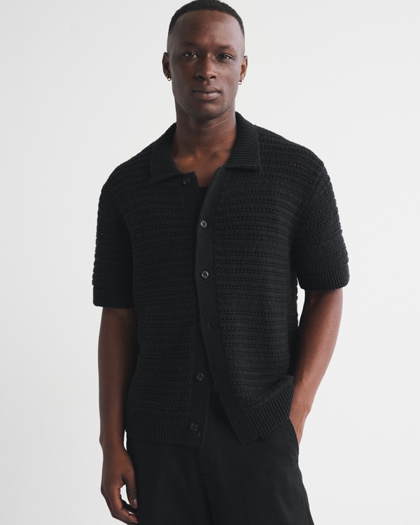 100% Cotton Crochet-Style Button-Up Shirt, Black view 1