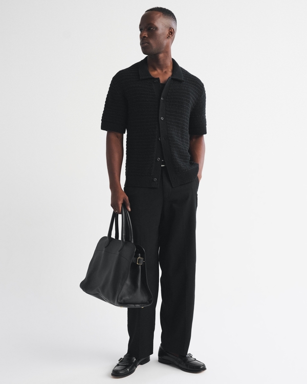 100% Cotton Crochet-Style Button-Up Shirt, Black view 2