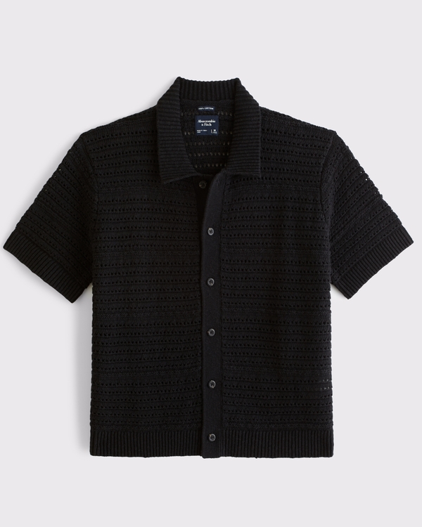 100% Cotton Crochet-Style Button-Up Shirt, Black view 1