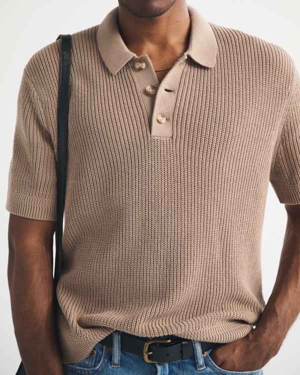 100% Cotton 3-Button Sweater Polo, Tan view 1