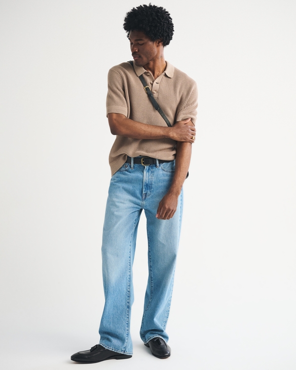 100% Cotton 3-Button Sweater Polo, Tan view 2