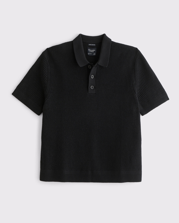 100% Cotton 3-Button Sweater Polo, Black view 1