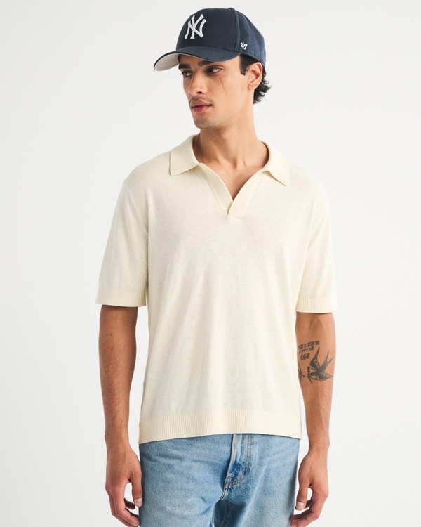 100% Cotton Johnny Collar Sweater Polo, Warm Beige view 1