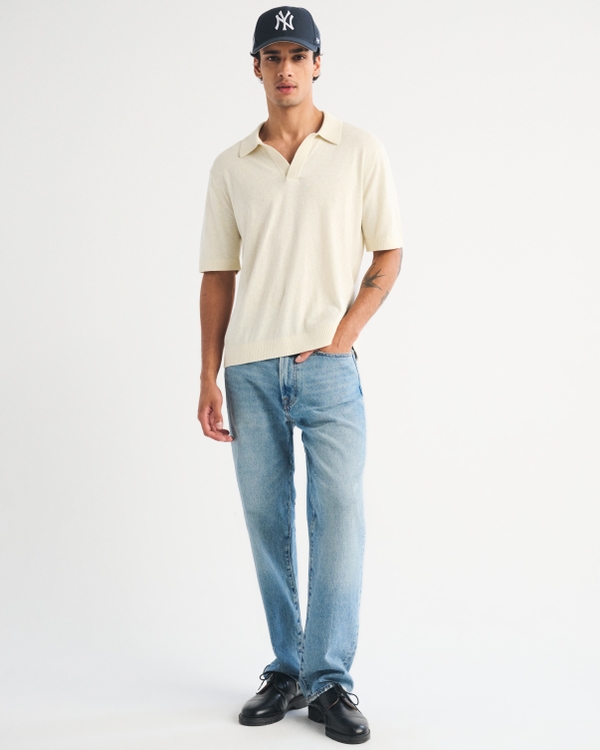 100% Cotton Johnny Collar Sweater Polo, Warm Beige view 2