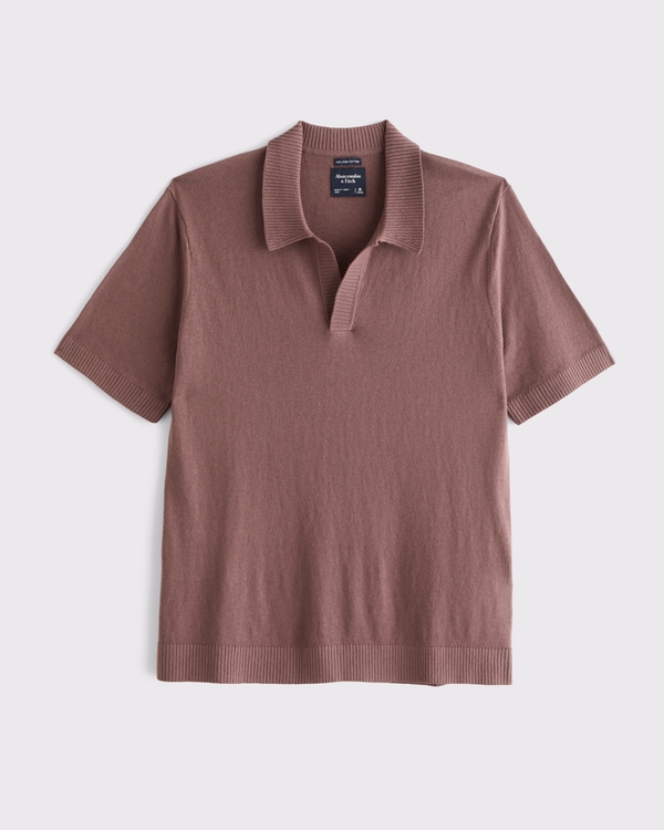 100% Cotton Johnny Collar Sweater Polo, Brown Mauve view 1