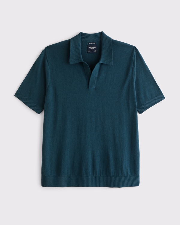 100% Cotton Johnny Collar Sweater Polo, Navy Teal view 1