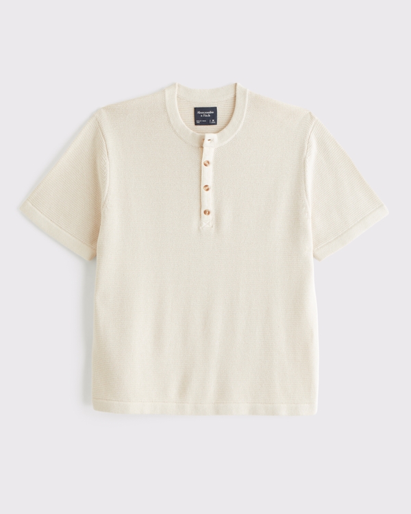 100% Cotton Knit Henley Tee, Warm Beige view 1