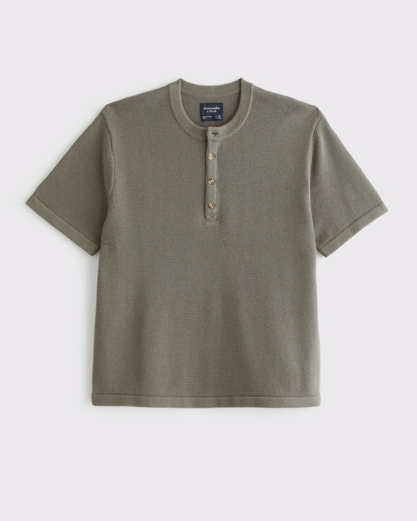 100% Cotton Knit Henley Tee, Dark Sage view 1