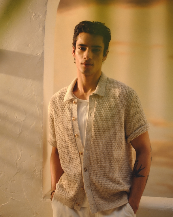 100% Cotton Space-Dye Button-Through Sweater Polo, Cream view 1