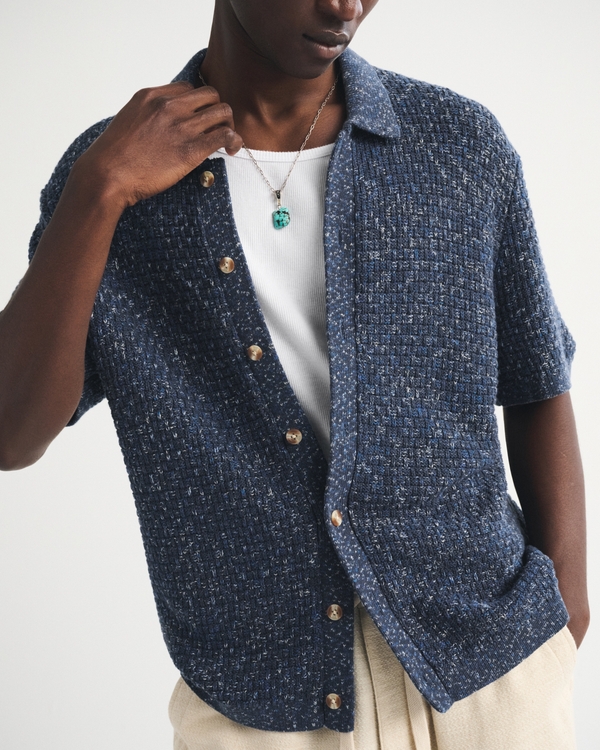 100% Cotton Space-Dye Button-Through Sweater Polo, Sapphire view 1