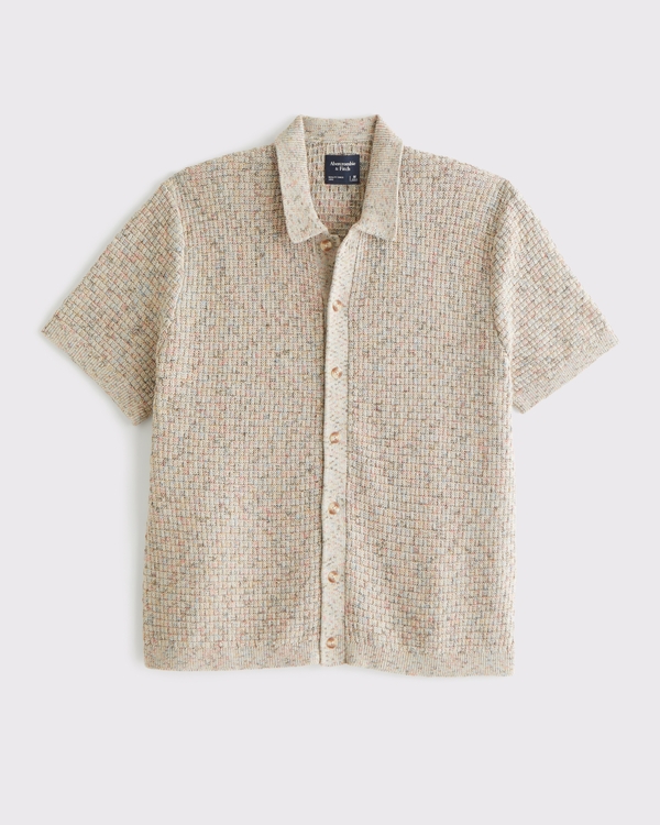 100% Cotton Space-Dye Button-Through Sweater Polo, Beige Multicolor view 1