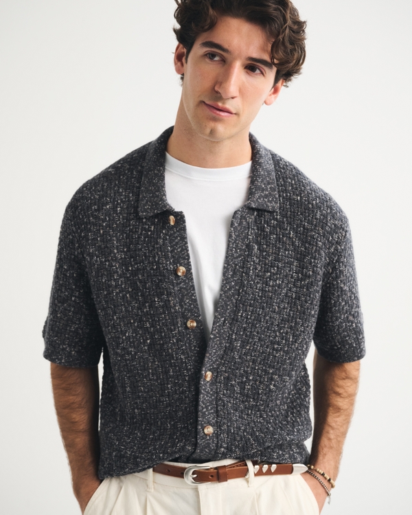 100% Cotton Space-Dye Button-Through Sweater Polo, Black view 1