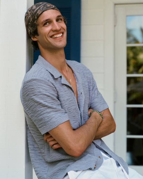 100% Cotton Knit Button-Through Polo, Blue-gray view 1