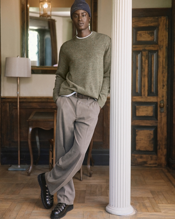100% Merino Wool Crew Sweater, Olive Green view 2