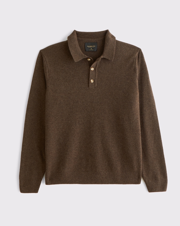 100% Merino Wool 3-Button Collared Sweater, Brown view 1