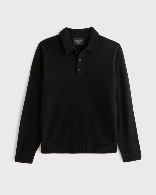 100% Merino Wool 3-Button Collared Sweater, Black view 1