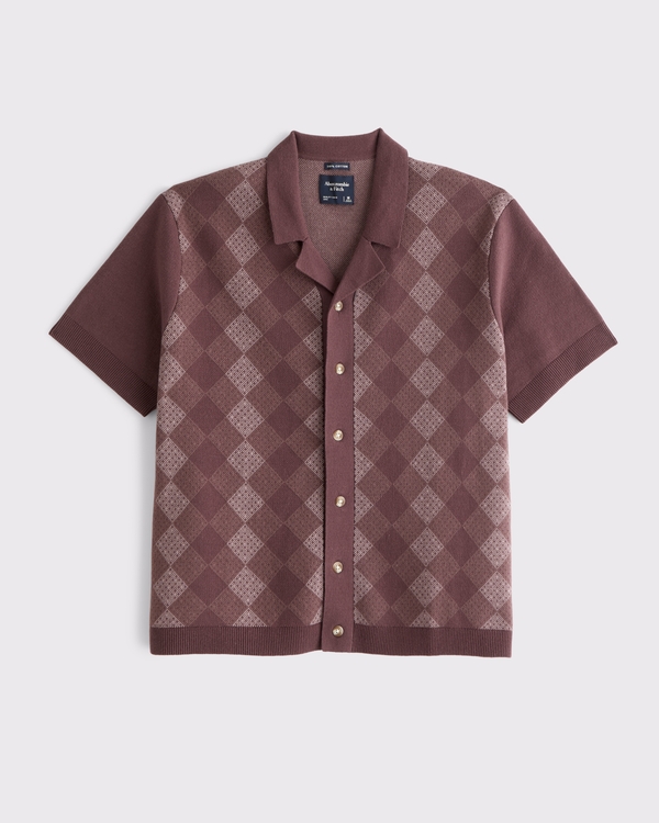 100% Cotton Button-Through Sweater Polo, Brown Mauve Pattern view 1