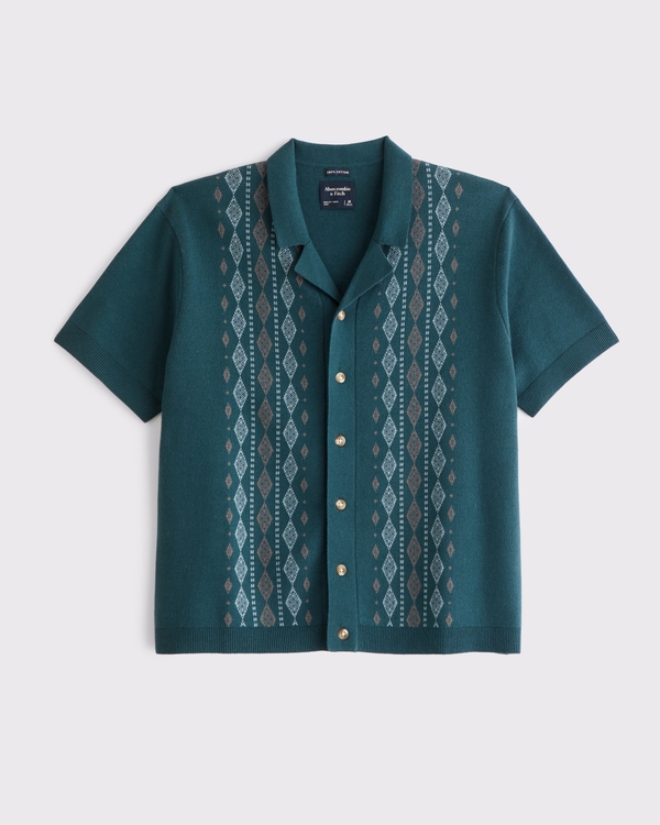 100% Cotton Button-Through Sweater Polo, Navy Teal Pattern view 1
