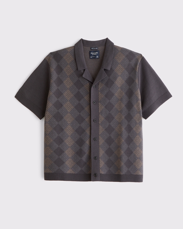 100% Cotton Button-Through Sweater Polo, Black Pattern view 1