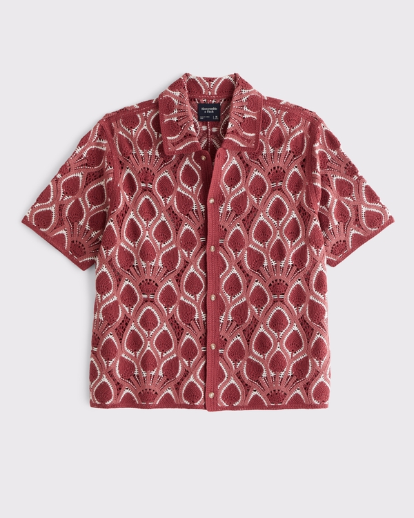 Crochet-Style Button-Through Sweater Polo, Warm Maroon Pattern view 1