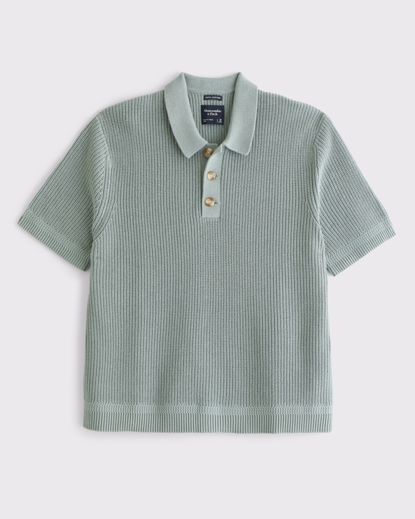 100% Cotton 3-Button Sweater Polo, Green Granite view 1
