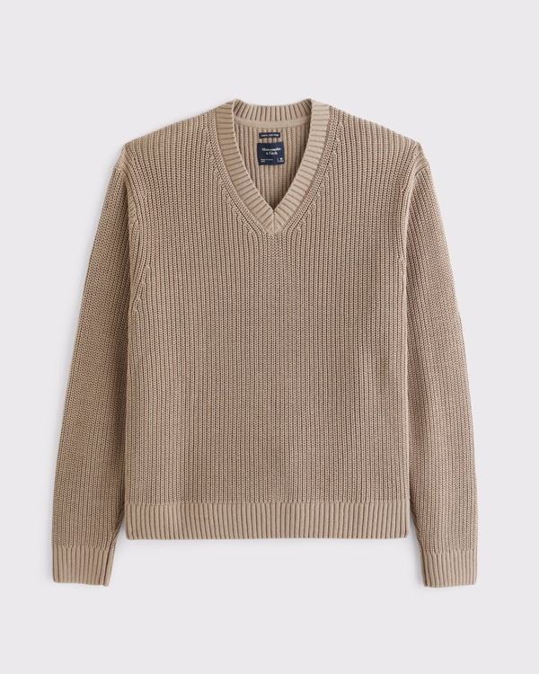 100% Cotton Rib V-Neck Sweater, Brown view 1