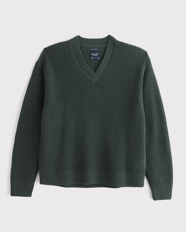100% Cotton Rib V-Neck Sweater, Dark Spruce view 1