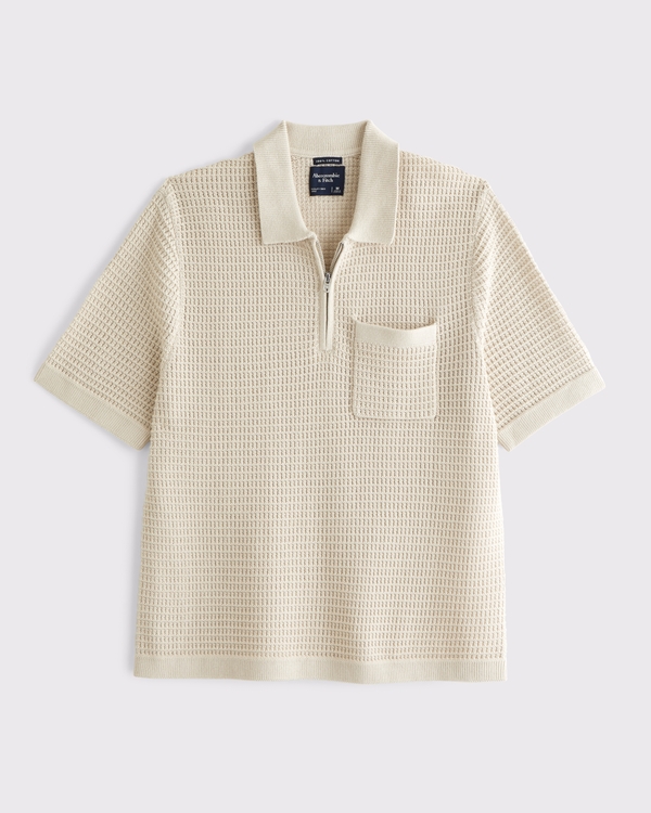 Polo estilo suéter de algodón 100 % con cremallera, Crema view 1
