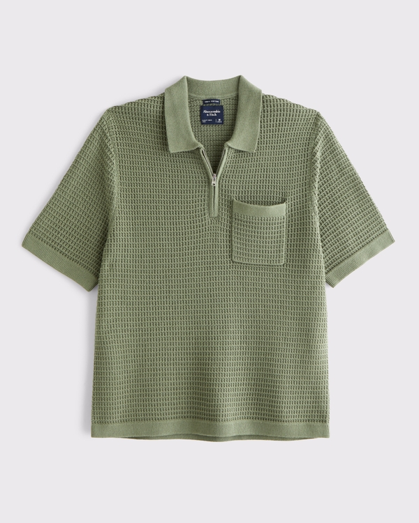 100% Cotton Zip Sweater Polo, Olive Green view 1