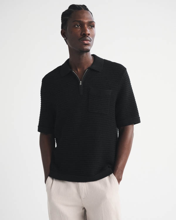 100% 棉拉鍊毛衣 Polo 衫, 黑色 view 2