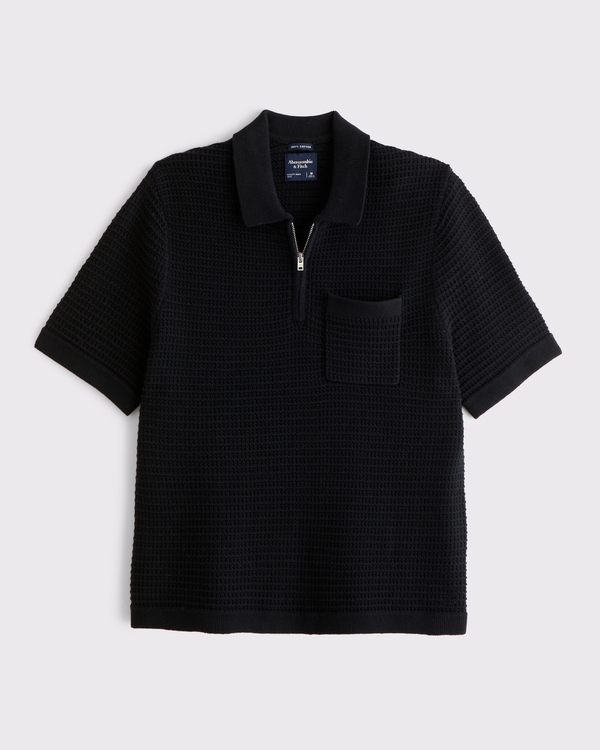 100% Cotton Zip Sweater Polo, Black view 1