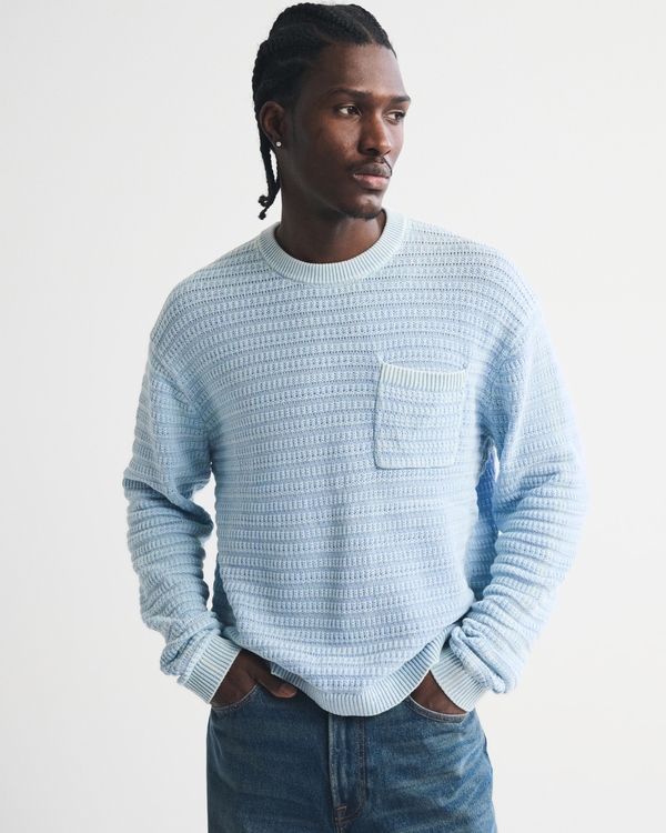 100% Cotton Pocket Crew Sweater, Light Blue view 1
