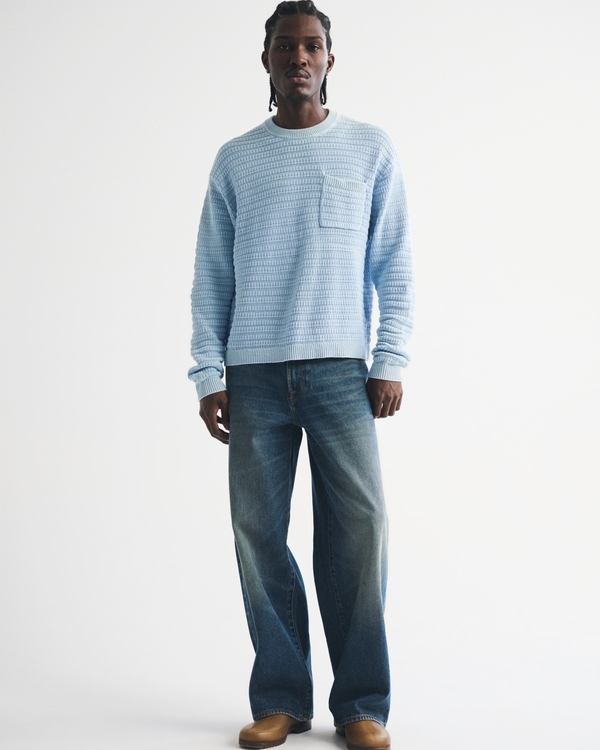 100% Cotton Pocket Crew Sweater, Light Blue view 2