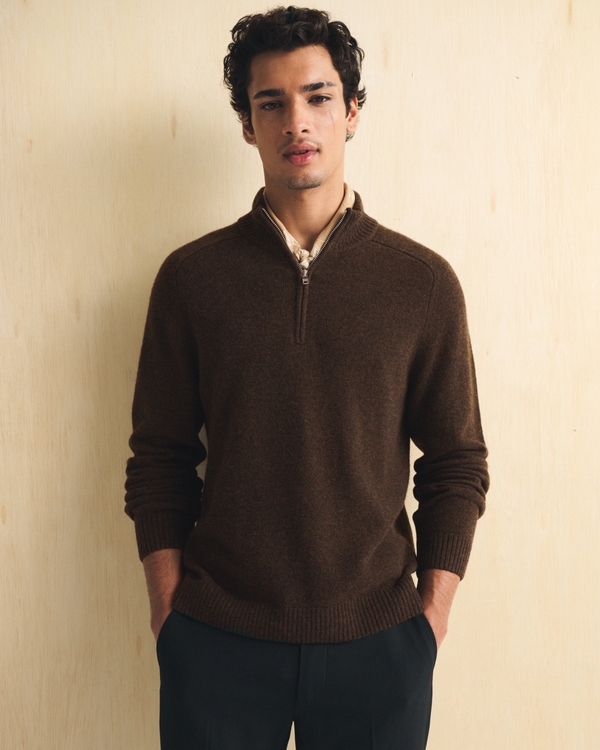 100% Merino Quarter-Zip Sweater, Dark Brown Melange view 1